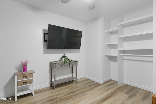 spacious closet with light hardwood / wood-style flooring and ceiling fan