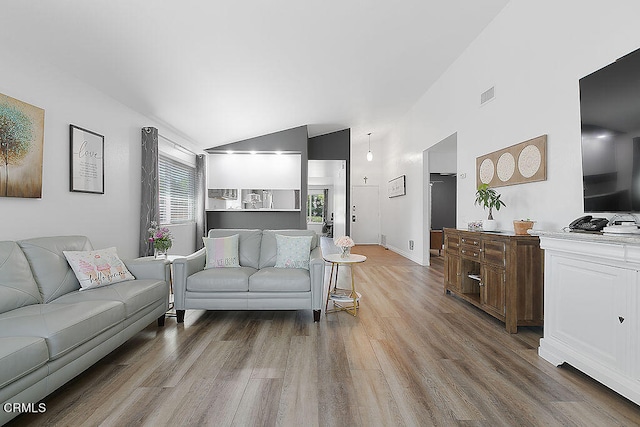 living room featuring wood-type flooring and vaulted ceiling