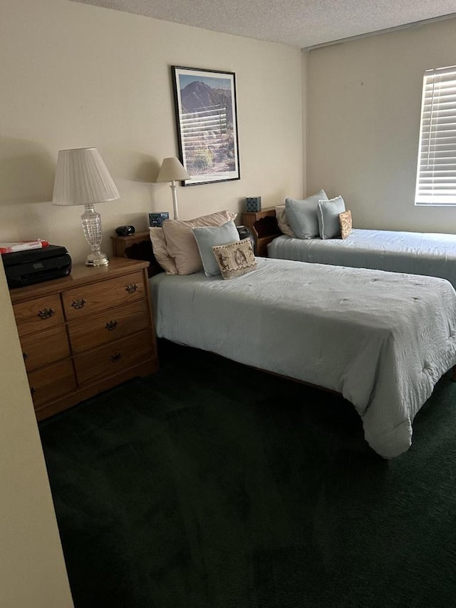 bedroom with dark carpet and a textured ceiling