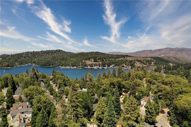 aerial view featuring a water and mountain view