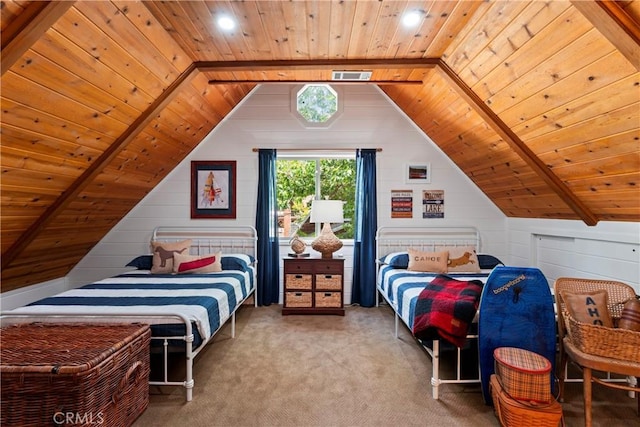 carpeted bedroom featuring wooden ceiling, lofted ceiling with beams, and wooden walls