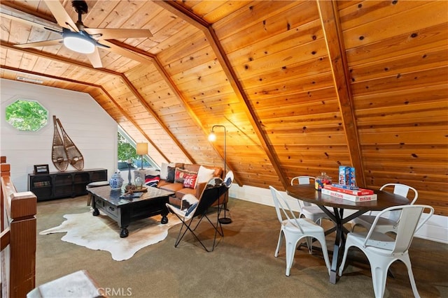 interior space with wooden ceiling, ceiling fan, wood walls, and lofted ceiling with beams