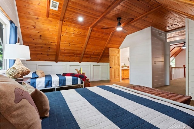 unfurnished bedroom with wood ceiling, lofted ceiling with beams, and multiple windows