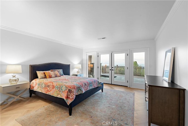 bedroom with crown molding, access to outside, french doors, and light parquet flooring