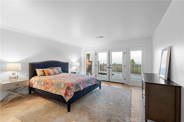 bedroom featuring ornamental molding, access to outside, french doors, and visible vents