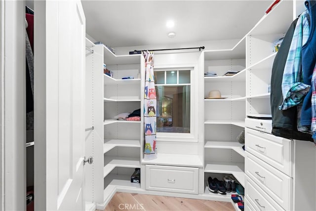 walk in closet with light wood-type flooring