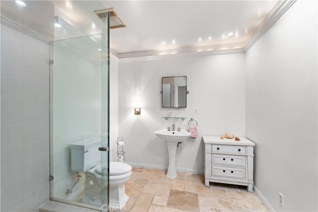 full bath featuring ornamental molding, stone tile flooring, a shower stall, and toilet