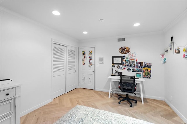 office space with baseboards, ornamental molding, visible vents, and recessed lighting