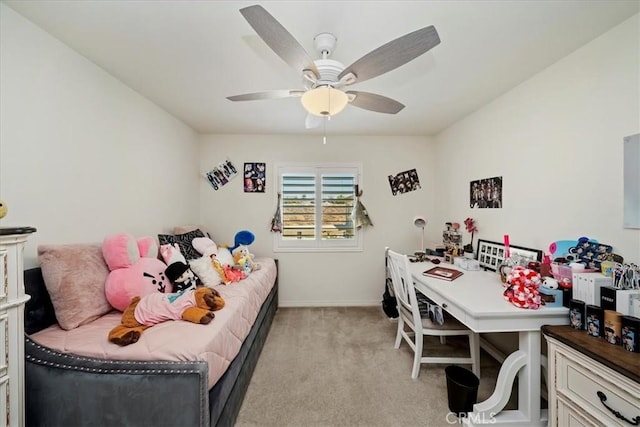 bedroom with light colored carpet and ceiling fan