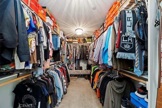 spacious closet featuring light colored carpet