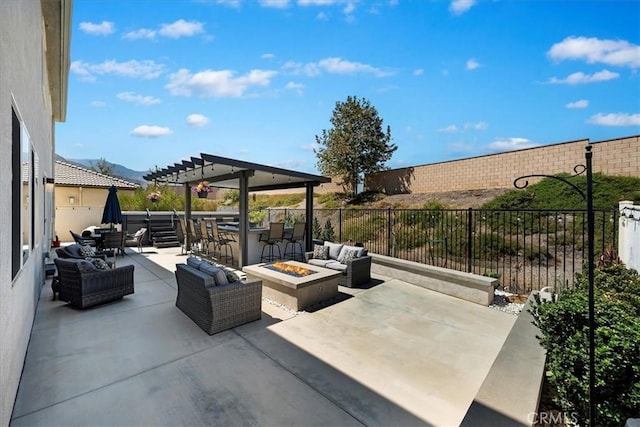 view of patio / terrace with an outdoor living space with a fire pit and an outdoor bar