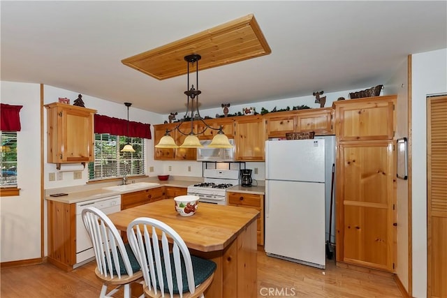 kitchen with sink, decorative light fixtures, white appliances, and light hardwood / wood-style floors