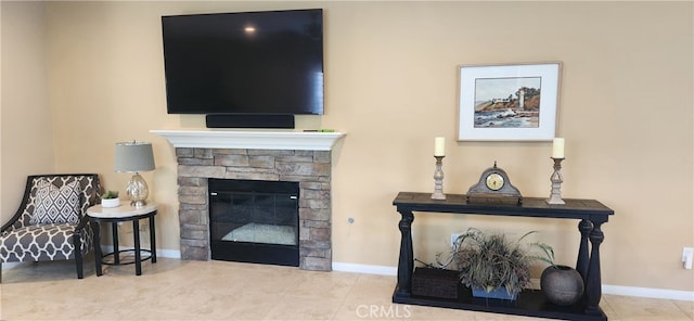 tiled living room featuring a fireplace