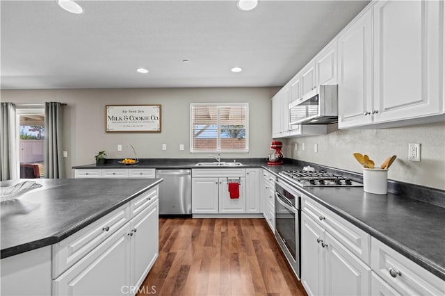 kitchen with stainless steel appliances, white cabinetry, dark hardwood / wood-style floors, and sink