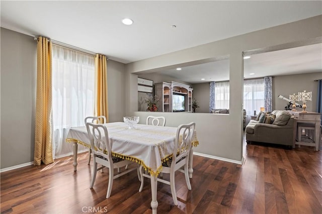 dining area featuring dark wood-type flooring