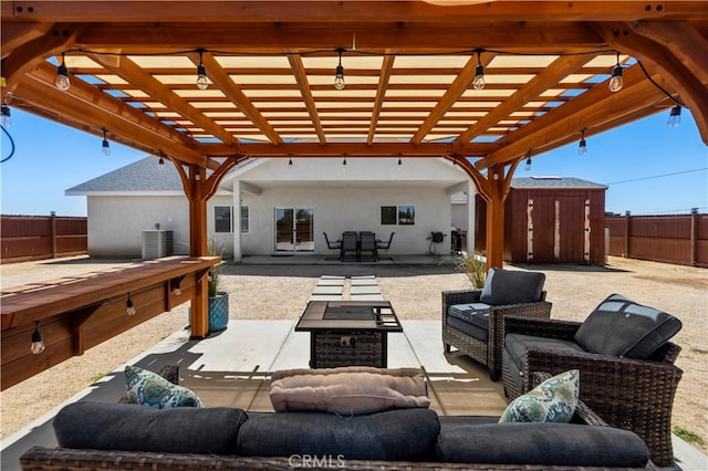 view of patio / terrace with a storage shed, a pergola, and central air condition unit