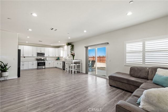 living room featuring light hardwood / wood-style flooring and sink