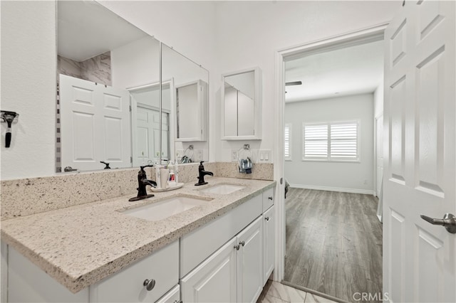 bathroom with wood-type flooring and vanity