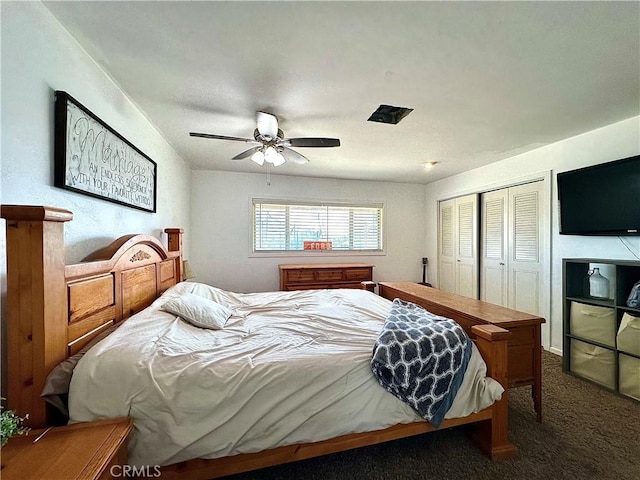 bedroom featuring ceiling fan, a closet, and dark colored carpet