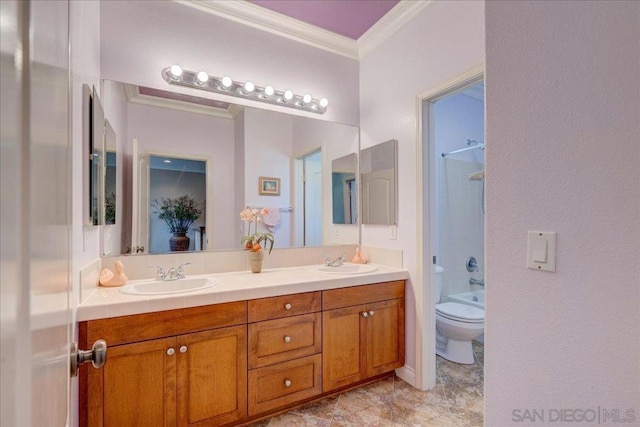 full bathroom featuring crown molding, bathing tub / shower combination, vanity, and toilet