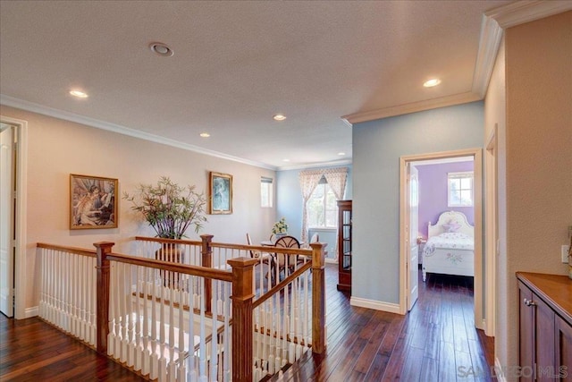 hall with crown molding and dark hardwood / wood-style flooring