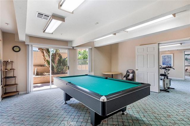 recreation room featuring carpet and billiards