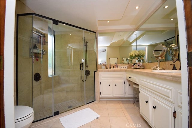 bathroom featuring vanity, an enclosed shower, and tile patterned flooring