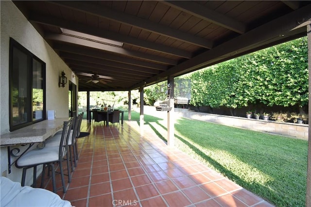 view of patio with ceiling fan and exterior bar