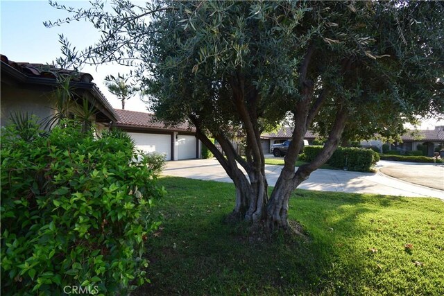 exterior space with a lawn and a garage