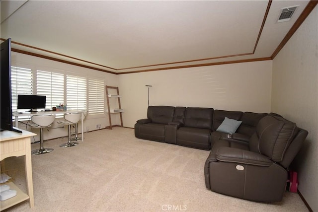 carpeted living room featuring crown molding