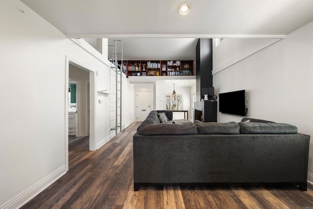 living room featuring dark wood-type flooring