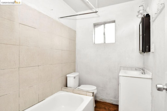 full bathroom with shower / bath combination, vanity, toilet, and wood-type flooring