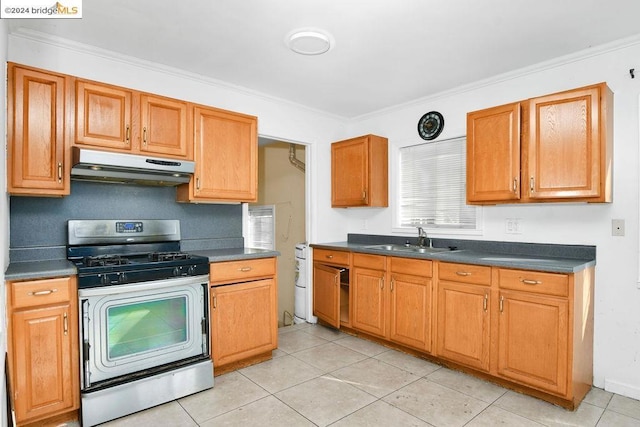 kitchen with light tile patterned floors, sink, ornamental molding, and stainless steel range with gas stovetop