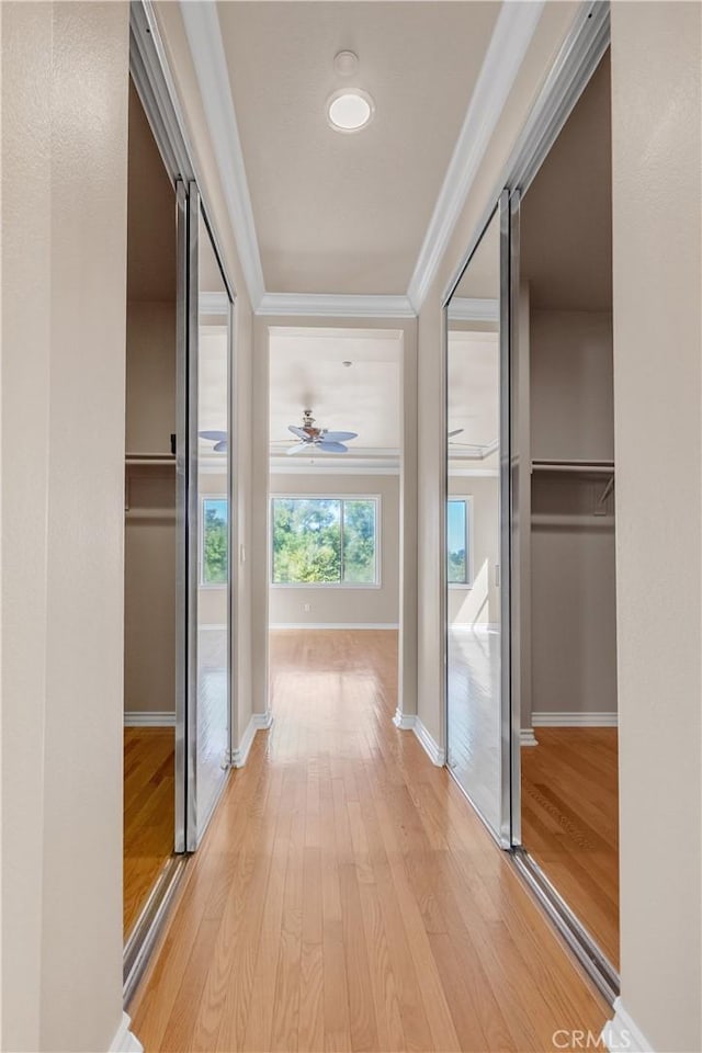 corridor with light hardwood / wood-style flooring and ornamental molding