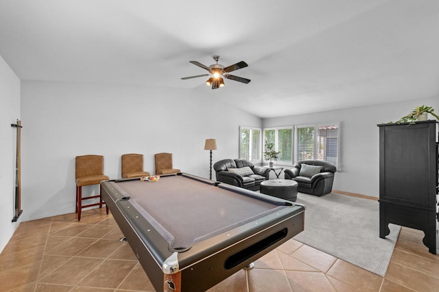 recreation room with ceiling fan, light tile patterned flooring, vaulted ceiling, and billiards