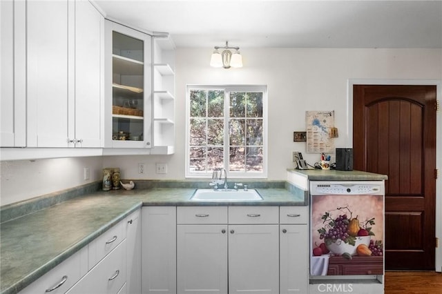 19680 Sugarwood Ct, Hidden Valley Lake, CA 95467 - kitchen with white cabinets, a sink, glass insert cabinets, dishwashing machine, and open shelves