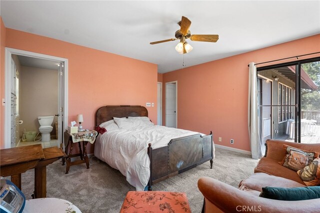 carpeted bedroom with ceiling fan, access to outside, and ensuite bath