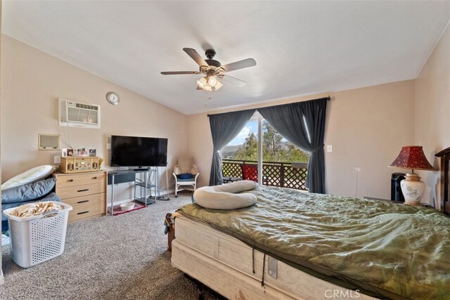 bedroom featuring ceiling fan, access to exterior, carpet floors, vaulted ceiling, and an AC wall unit