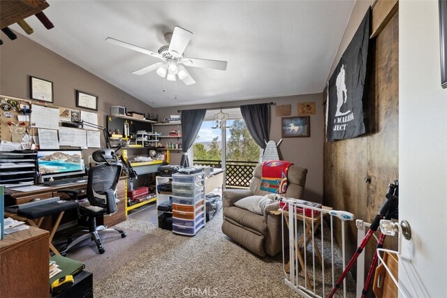 office with carpet, vaulted ceiling, and ceiling fan