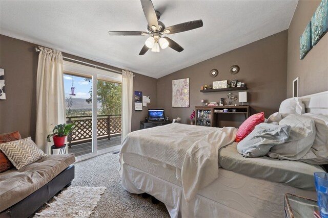 bedroom featuring access to outside, lofted ceiling, carpet, and ceiling fan