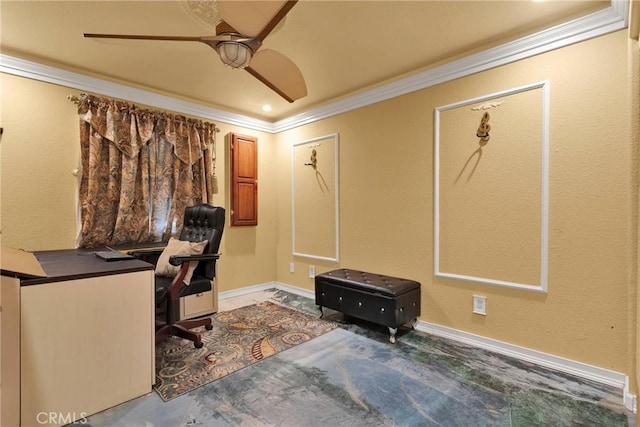 office with crown molding and ceiling fan