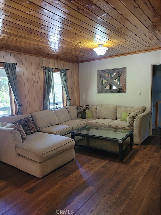 living room with wood ceiling, wooden walls, and dark wood-type flooring