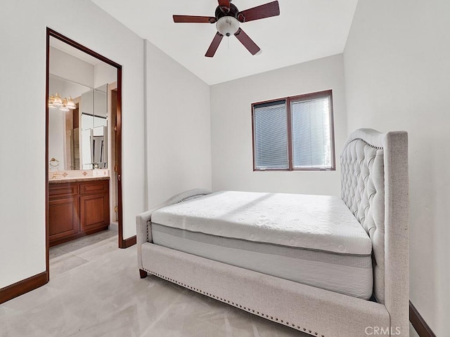 carpeted bedroom featuring connected bathroom and ceiling fan