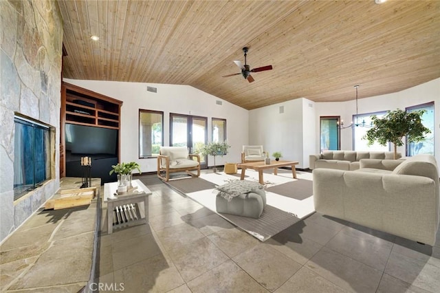 living room with french doors, high vaulted ceiling, wood ceiling, and ceiling fan with notable chandelier