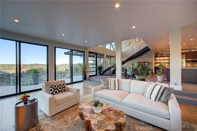 living room featuring hardwood / wood-style flooring and a mountain view