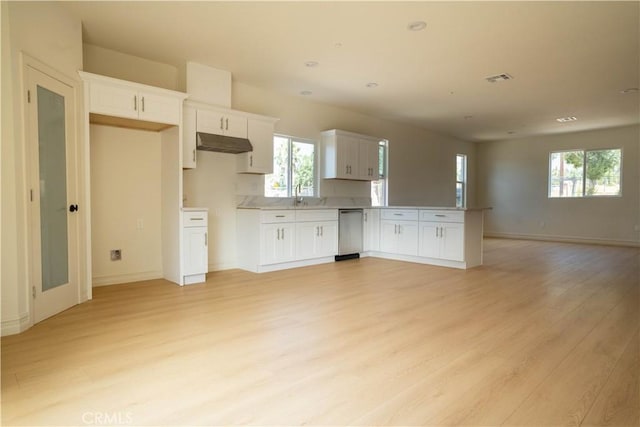 kitchen with white cabinetry, sink, stainless steel dishwasher, and light hardwood / wood-style floors