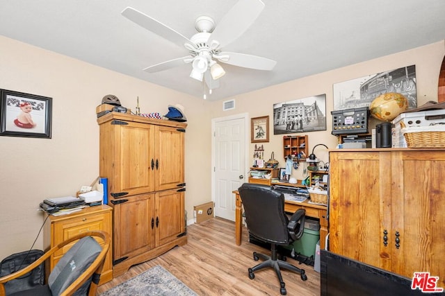 office space featuring ceiling fan and light hardwood / wood-style floors