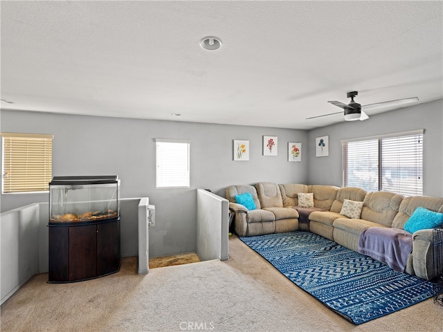 carpeted living room with a wealth of natural light, ceiling fan, and a textured ceiling