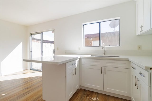 kitchen with sink, white cabinets, kitchen peninsula, and light wood-type flooring