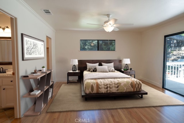 bedroom with access to exterior, ornamental molding, ceiling fan, and light wood-type flooring